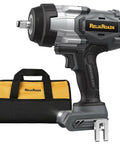 One Half Inch Cordless Impact Wrench Delivers Serious Kick Through A Brushless Motor with tool bag, gray and black finish.