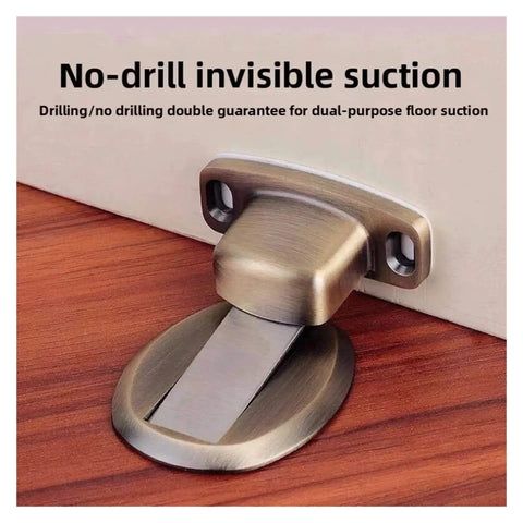 Gold Invisible Magnetic Door Stopper with Wall Or Floor Mount Catch Keeps Bedroom Or Indoor Doors Locked In Place At Set Angle.