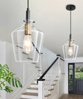 Modern Black And Gold Glass Pendant Light 2 Pack With Adjustable Height Cord For Kitchen Island Clear Round Shade E26 Socket Straight Up Flawless Room Accent in a hallway above the stairs.