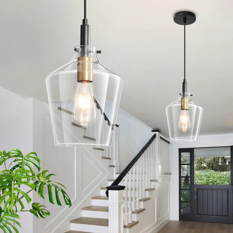 Modern Black And Gold Glass Pendant Light 2 Pack With Adjustable Height Cord For Kitchen Island Clear Round Shade E26 Socket Straight Up Flawless Room Accent in a hallway above the stairs.