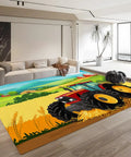 Cartoon Tractor Rug Non Slip Doormat For Living Room Bedroom Kitchen Classroom Office 5x7 Ft Kid Friendly Machine Washable Durable Carpet Mat With Farm Theme Playful Decor in a modern living room.