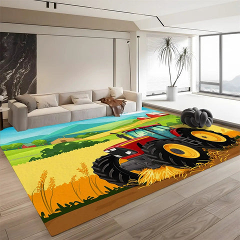 Cartoon Tractor Rug Non Slip Doormat For Living Room Bedroom Kitchen Classroom Office 5x7 Ft Kid Friendly Machine Washable Durable Carpet Mat With Farm Theme Playful Decor in a modern living room.