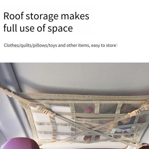Overhead Roof Handle Storage Net With Reinforced Mesh Adjustable Straps Car Organizer installed on car ceiling