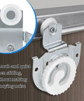 Sliding Closet Door Hardware Set 4 Pack Includes All Necessary Rollers Knobs Screws And Adjustable Hooks For Two Wood Doors Durable Galvanized Steel Construction With Round Recess Finger Pulls And Dual Floor Guide For Smooth Operation close-up view