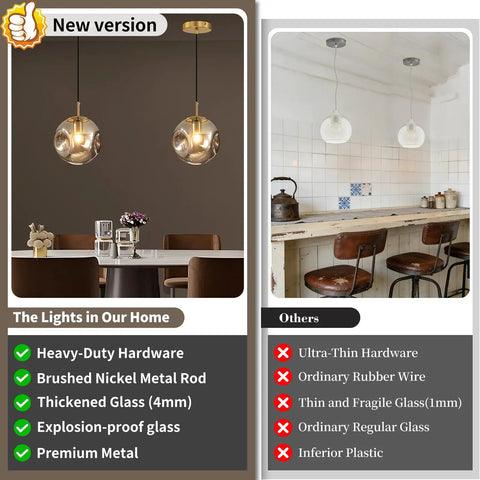 Modern Smoke Gray Glass Globe Pendant Light 3 Pack, 7.87" Hardwired Brass Pendant with Adjustable 59" Cord in dining area.