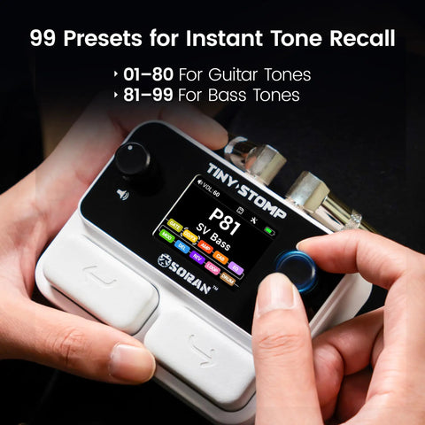 Hands holding Tiny Stomp Multi Effects Guitar Pedal With 125 Effects 99 Presets 10 Modules showcasing screen interface.