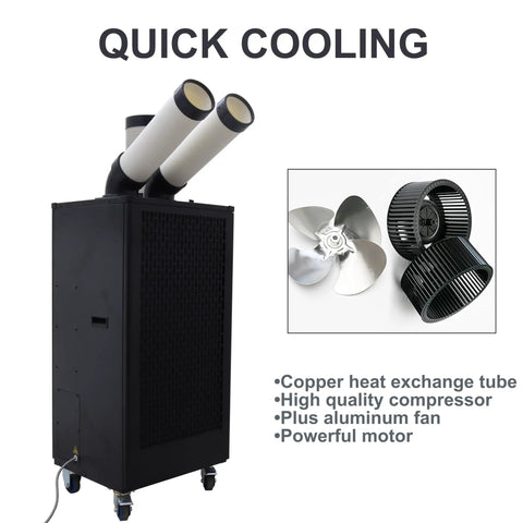 Heavy Duty 15400 Btu Portable Spot Cooler With Dual Exhaust Setup And Rapid Airflow Cranks Out Chilly Breeze To Beat Shop Heat Smoothly For Warehouses And Jobsites This Rig Handles Large Spaces Like A Champ with two exhaust hoses.