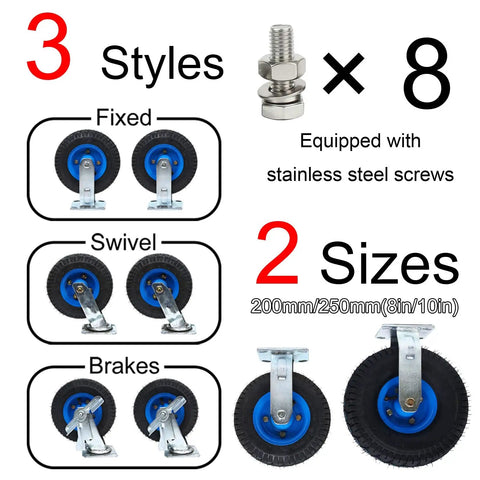 Smooth Rollin Industrial Pneumatic Caster Wheels With Locking Swivel Brakes And High Elastic Rubber Tires Built Tough For Heavy Duty Hand Trucks And Shop Gear 2 Pack showcasing styles and sizes.