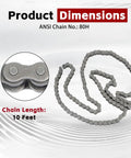 80H Heavy Duty Roller Chain 10 Ft Long With 1 Connecting Link, Carbon Steel, 120 Links laid out showing dimensions
