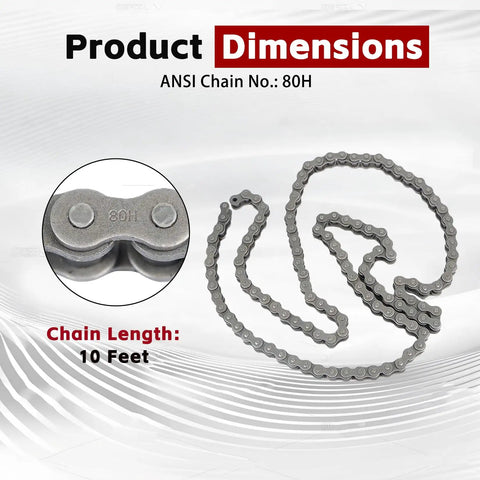 80H Heavy Duty Roller Chain 10 Ft Long With 1 Connecting Link, Carbon Steel, 120 Links laid out showing dimensions