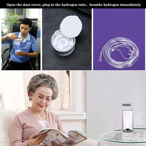 Hydrogen Water Generator Bottle With Dual Chamber SPE PEM System and inhalation tube in use by individuals.