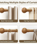 Wood Curtain Rod Set For Windows 72 To 144 Inches Adjustable Easy Install 1 Inch Diameter Heavy Duty Drapery Rod With Decorative Wooden Grain Finials For Living Room Bedroom Kitchen Cafe Farmhouse Vibe shown with back tab, tab top, rod pocket, and grommet curtains.