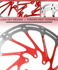 Close-up of Beefy Stainless Steel MTB Bike Brake Rotors 180mm with 12 Bolts CNC Machined One Piece Disc Vented Design Red