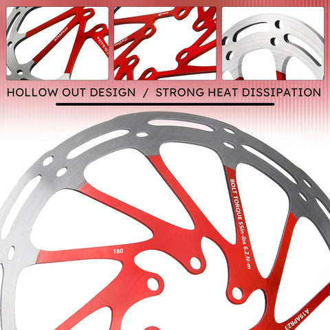 Close-up of Beefy Stainless Steel MTB Bike Brake Rotors 180mm with 12 Bolts CNC Machined One Piece Disc Vented Design Red