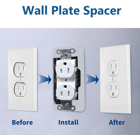Heavy Duty Metal Wall Plate Spacers For Electrical Box And 12 Pack Outlet Shim Kit showing installation process for secure fit.