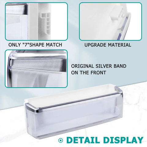 Left Side Refrigerator Door Bin Replacement For Elite Models Fits Door Shelf Assemblies Easy Install No Fuss Upgrade For LG And Kenmore Elite Refrigerators, showing clear bin with silver accents and details.