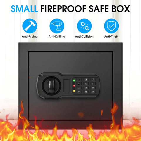 Compact 1.3 Cu Ft Home Safe Box Fireproof And Waterproof with digital keypad, features anti-prying and anti-theft design.