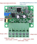PWM To Analog Converter Module Plug And Play 1 To 3 KHz PWM Signal To 0 To 10V Output 5V Or 24V Input board with labeled terminals.