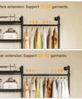 Heavy Duty Wall Mounted Closet System With Expandable Industrial Pipe Clothing Rack showing before and after garment capacity.