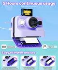 Instant Print Camera For Kids With 2.4 Inch Screen And Quick Photo Printing, Fun Portable Gift For Christmas Or Birthday, Ideal For Ages 3 To 12, Purple Color, Includes 32GB Memory Card, Lanyard, And Three Printing Paper Rolls Included, purple instant camera with 2000mAh battery and USB-C