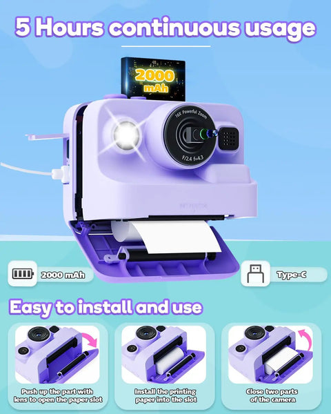Instant Print Camera For Kids With 2.4 Inch Screen And Quick Photo Printing, Fun Portable Gift For Christmas Or Birthday, Ideal For Ages 3 To 12, Purple Color, Includes 32GB Memory Card, Lanyard, And Three Printing Paper Rolls Included, purple instant camera with 2000mAh battery and USB-C