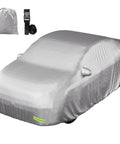 Large Sedan Car Cover 200x75x60 Inches All Weather 190T Polyester With Buckle Strap shown on a car with storage bag and strap.