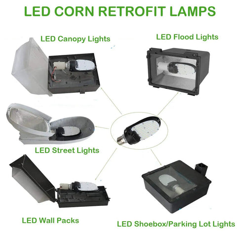 Diagram showing Shoebox Corn Retrofit Lamp Rotatable E39 Mogul Base Powerful 75W 95W 115W Selectable 5000K for various light fixtures.