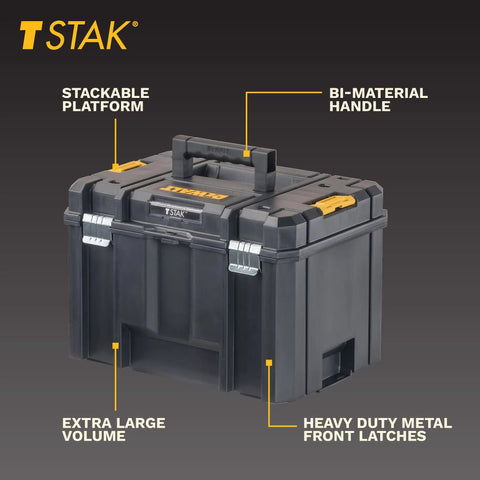 Extra Large TSTAK Tool Box With Removable Tray For Quick Tool Access And Water Debris Resistant Build with bi-material handle