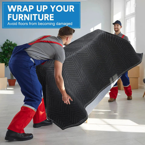 Two movers lifting furniture with 12 Pack Moving Blankets 72 By 40 Inches Heavy Duty Packing Pads Quilted Non Woven Furniture Covers In Black.