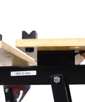 Close-up of Hella Tough Portable Workbench Featuring A Heavy Duty Vise Foldable Work Table Holding Up To 550 Pounds with wood top.