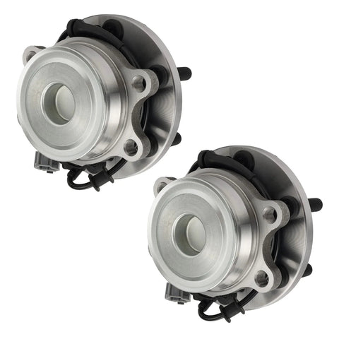 Front Wheel Hub Bearing Assembly 2 Pack Replacement For Nissan Frontier 2005 Through 2023, Pathfinder 2005 Through 2012, Xterra 2005 Through 2015, Suzuki Equator 2009 Through 2012 RWD, showing two metal hub assemblies for front axle use.