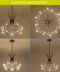 Glam Gold 13 Bulb LED Pendant Light Chandelier With Crystal Flower Shade in four views, highlighting its art deco style and lighting effect.