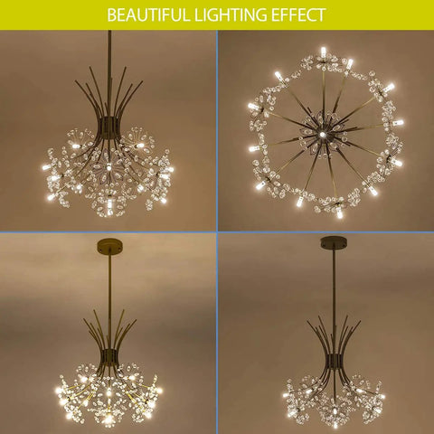Glam Gold 13 Bulb LED Pendant Light Chandelier With Crystal Flower Shade in four views, highlighting its art deco style and lighting effect.