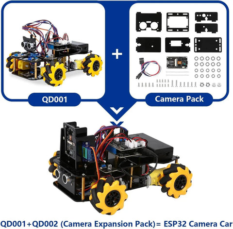 Kid Friendly 3MP Camera STEM Robot Kit With App And Remote Control For Ages 8 To 16, ESP32 coding toy, parts and assembled view
