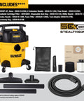 Heavy Duty Silent Beast Mode Five Gallon Wet Dry Shop Vacuum With Stealth Sonic Tech, accessories and tools displayed.