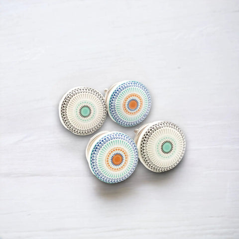 Pack Of Eight Vibrant Mandala Ceramic Cupboard Knobs 40mm Drawer Pulls With Washers, showing four colorful design knobs.