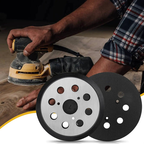 2 Pack 5 Inch 8 Hole Hook and Loop Orbital Sander Pad Replacement For DeWalt Random Orbital Sanders DW420 DW421 DW422 DW423 DW426 D26451 151281-08 And DW4388 With 3 Screw Holes shown with sanding action on wood