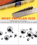 Assorted steel ball bearings, 330 pcs, 1–12 mm, in clear plastic storage box with ruler (top view)