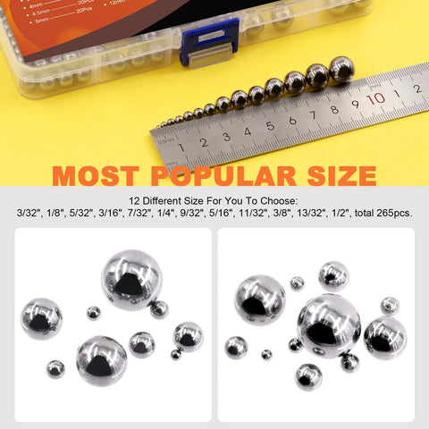 Assorted steel ball bearings, 330 pcs, 1–12 mm, in clear plastic storage box with ruler (top view)