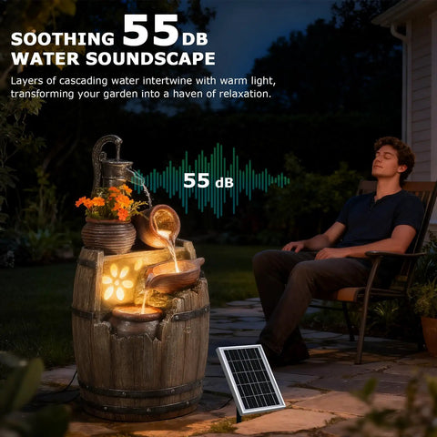 Solar Powered Rustic Barrel Water Fountain With LED Lights, 29 Inch Tall 4 Tier Cascading Outdoor Waterfall in garden at night