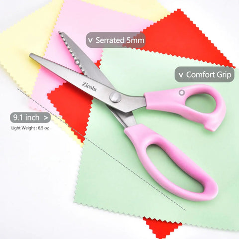 9 Inch Pinking Shears For Fabric Cutting And Crafting, Zigzag Scissors With Heavy Duty Stainless Steel Blade And Serrated Edge, Ultra Sharp And Durable For Tailors, Pros, Quilters, Dressmakers, Scrapbooking, Lace And Wig Work, Home DIY Projects. 9.1 inch pink comfort-grip scissors on colored fabric samples