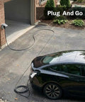 Sick Level One Portable Charger For Tesla Models, 120V 15A EVSE charging a Tesla in a driveway using 25-foot cable.