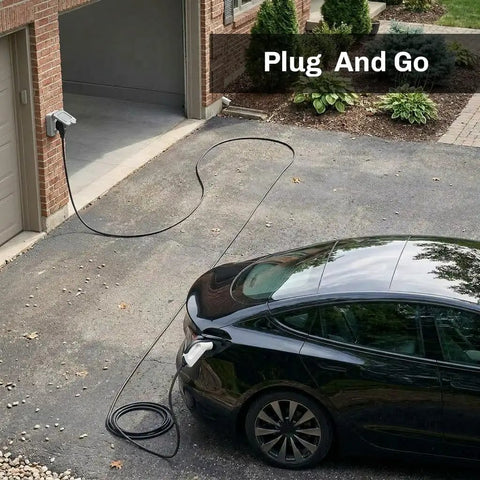 Sick Level One Portable Charger For Tesla Models, 120V 15A EVSE charging a Tesla in a driveway using 25-foot cable.