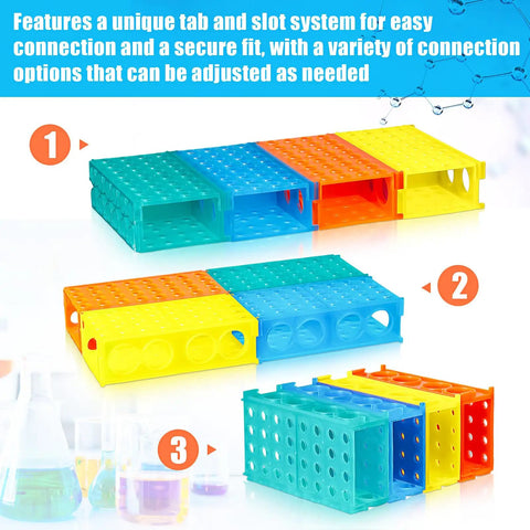 Interlocking Four-Way Test Tube Rack Set, 8 Pack Budget-Friendly Color-Coded Holders For 0.5ml To 50ml Tubes in various configurations.