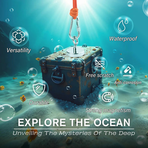 Front view: 2.36-inch silver strong fishing magnet on orange rope with carabiner above rusted underwater treasure chest