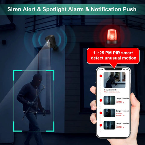 Wireless Outdoor Security Camera System With 2K HD Video And Battery Power in use, detecting motion at night with spotlight and siren alarm.