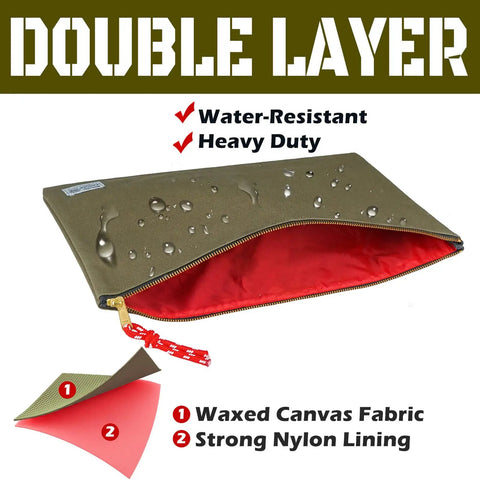 Heavy Duty Canvas Document Holder And Large File Folder Organizer Pouch For Legal And Letter Size Papers With Secure Zipper Closure, water-resistant army green with nylon lining.