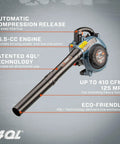 26.5cc leaf blower with 410 CFM output and 4QL technology, part of 22 Inch Self Propelled Gas Lawn Mower With 170cc Easy Start Engine, 3 In 1 Mulching Bagging Side Discharge, 6 Cutting Heights From 1.25 To 4 In, Heavy Duty Steel Deck Yard Workhorse, Plus 17 Inch Gas String Trimmer With Shoulder Strap And Blower Kit