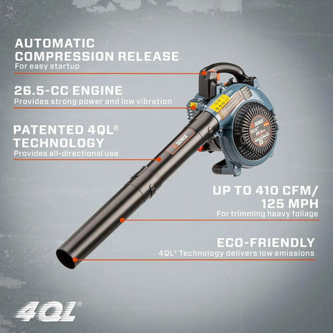 26.5cc leaf blower with 410 CFM output and 4QL technology, part of 22 Inch Self Propelled Gas Lawn Mower With 170cc Easy Start Engine, 3 In 1 Mulching Bagging Side Discharge, 6 Cutting Heights From 1.25 To 4 In, Heavy Duty Steel Deck Yard Workhorse, Plus 17 Inch Gas String Trimmer With Shoulder Strap And Blower Kit