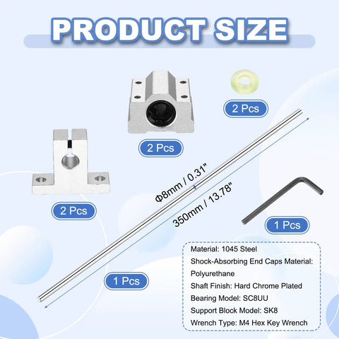 8mm By 350mm Linear Motion Rod Shaft Guide Kit With 2 SC8UU Ball Bearings And 2 SK8 Aluminum Rail Supports Chrome Plated Rails